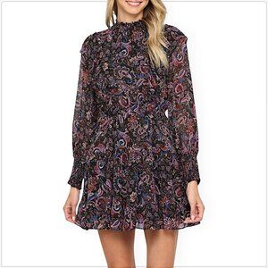 Fate Black Paisley Smocked Mock Neck Ruffled Mini Tiered Dress NWT New S